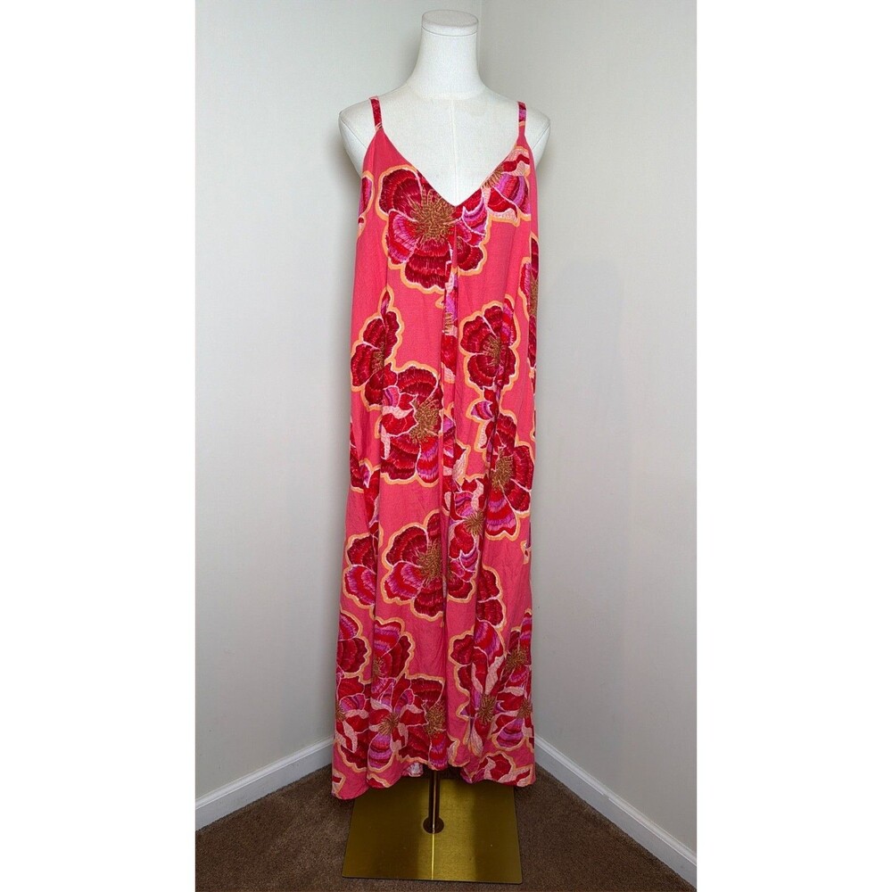 LOFT Linen Blend Maxi Dress 12 Pink Floral Strappy V Neck Boho Resort NWT